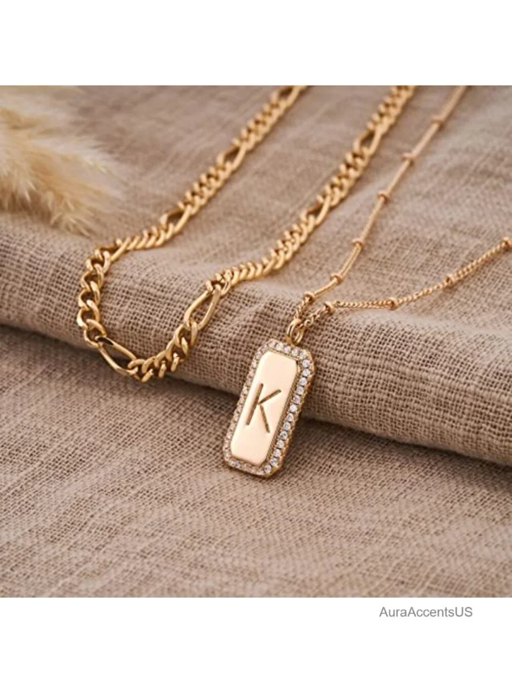 14K Gold Plated Initial Necklace Layered Figaro Chain Dainty Letter Pendant